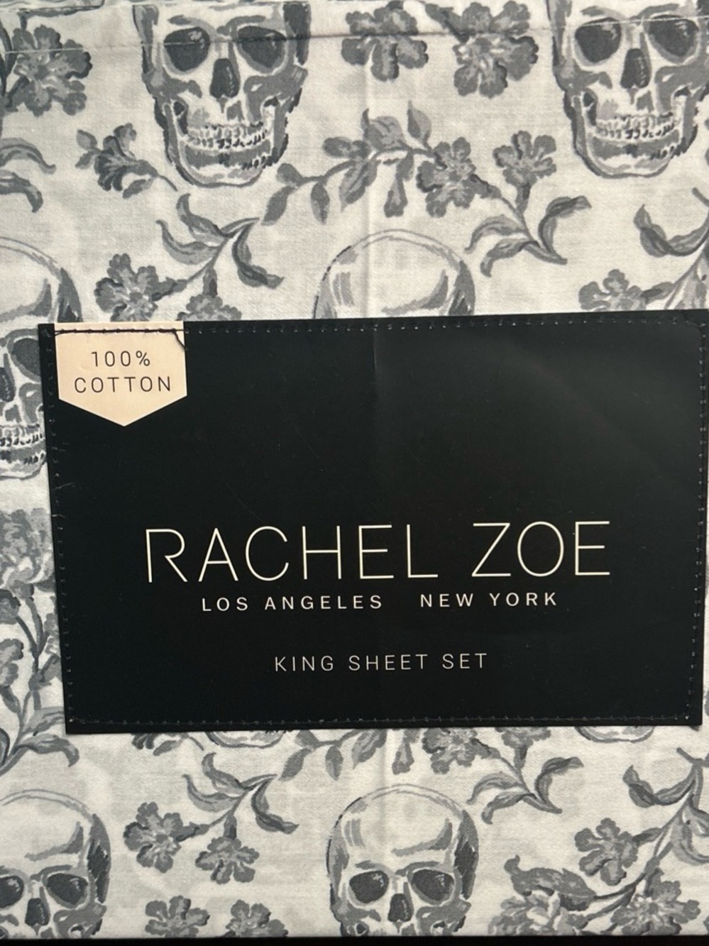 RACHEL ZOE SKULL DAMASK FLORAL KING SHEET Set 4PC BLACK WHITE HALLOWEEN
